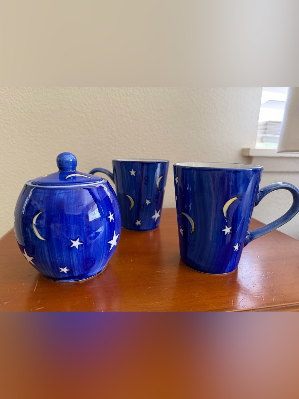 Vtg Celestial Set 2 Mugs & Sugar Container w/ Lid Cobalt Blue Moon Stars Vintage